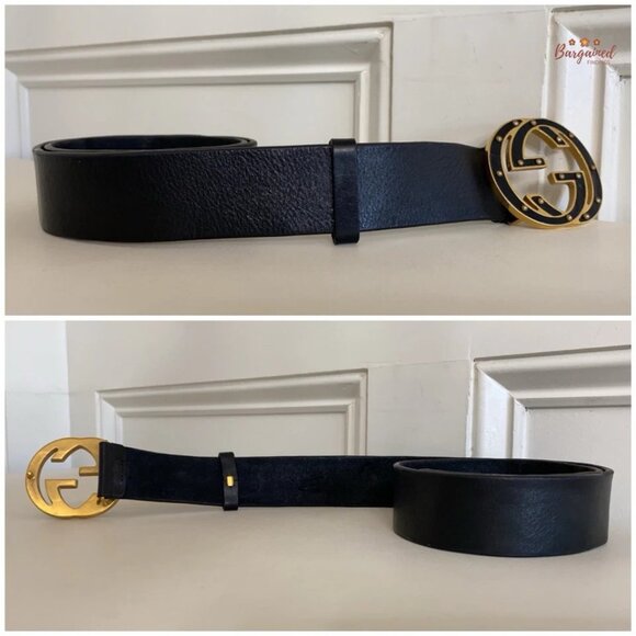 Authentic Gucci Black Leather Gold Studded Interlocking G Buckle Belt Size 80/32 - Picture 10 of 13